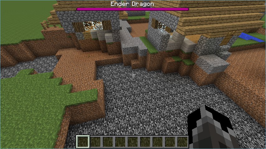 Screenshot of a village razed by an Ender Dragon with a Bedrock layer intact