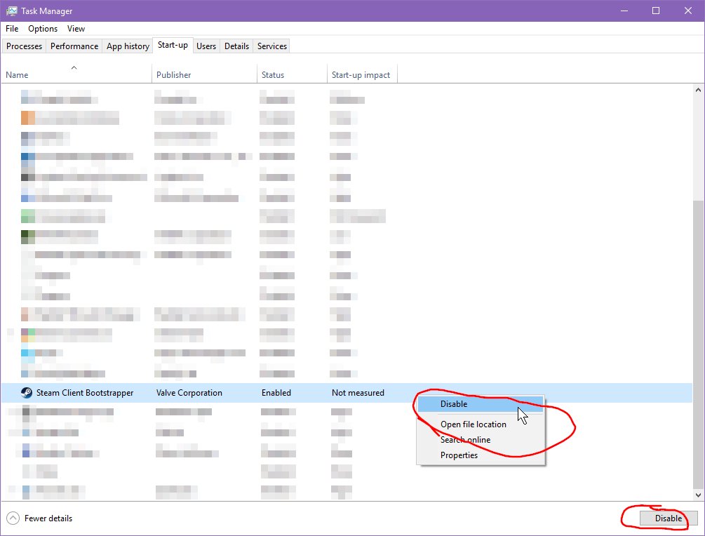 Task Manager. Start-Up. Steam Client Bootstrapper. Disable